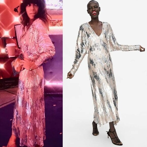 Zara Silver Sequin Maxi Dress Dolman Long Sleeve Metallic Blogger Fave Small - Picture 11 of 16